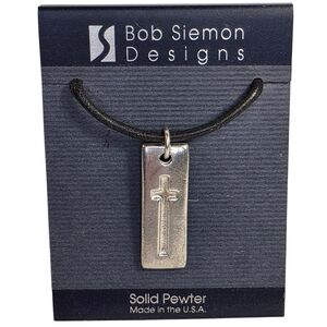 Bob Siemon Designs Jewelry 100% Pure Pewter Cross Pendant On Black Cord Necklace